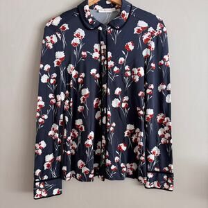 Tory Burch Long Sleeve Button Front Navy Blue Floral Blouse Shirt Size Medium